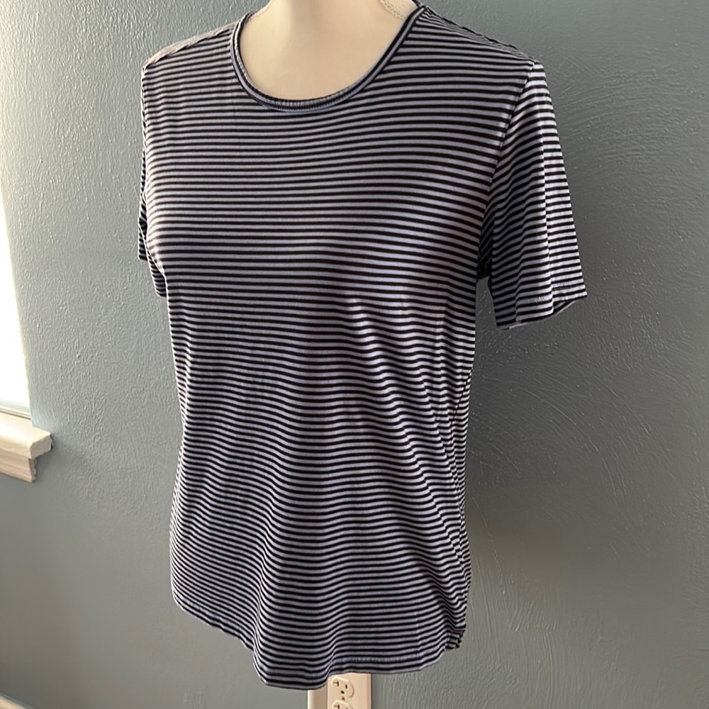 Lands’ End light blue and navy 100% cotton striped short sleeve tee